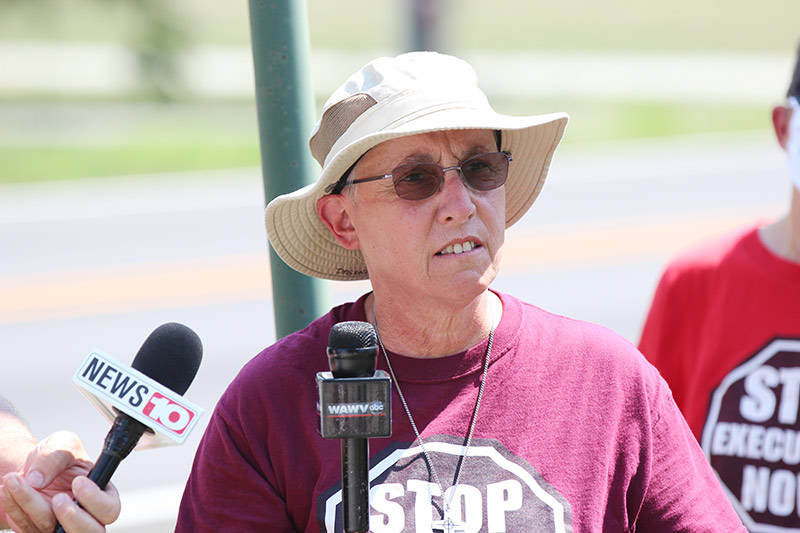 Sister Barbara Battista speaks at anti-death penalty demonstration in Terre Haute, Indiana