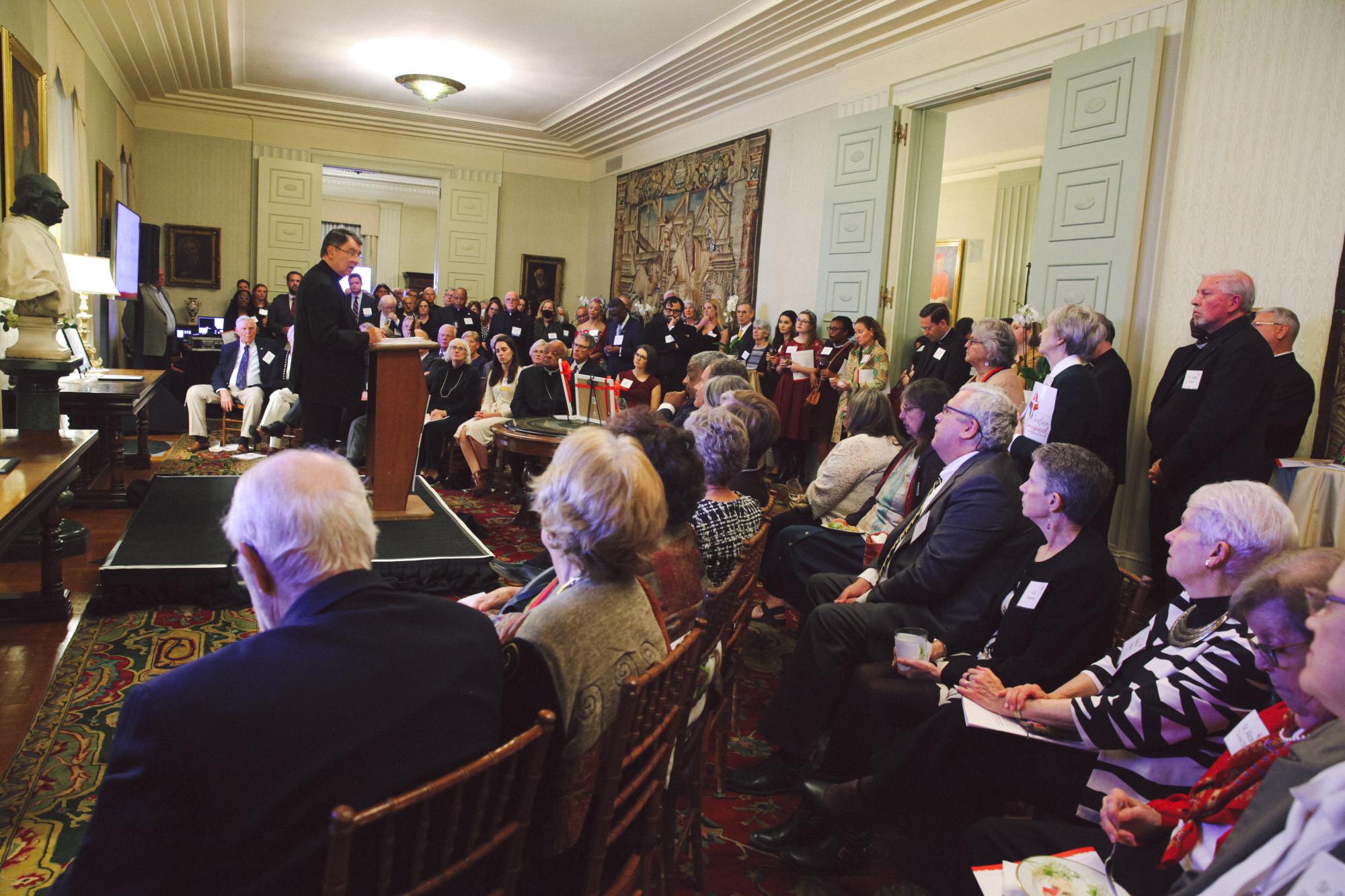 Archbishop Christophe Pierre, Apostolic Nuncio to the U.S., welcomes guests at CMN's &quot;Justice Reimagined Awards &amp; Celebration&quot; o