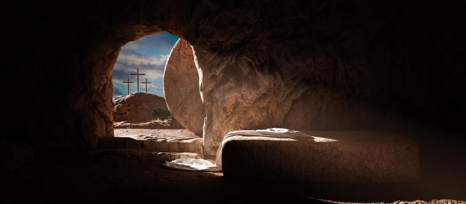 vantage from inside the tomb, three crosses in the distance