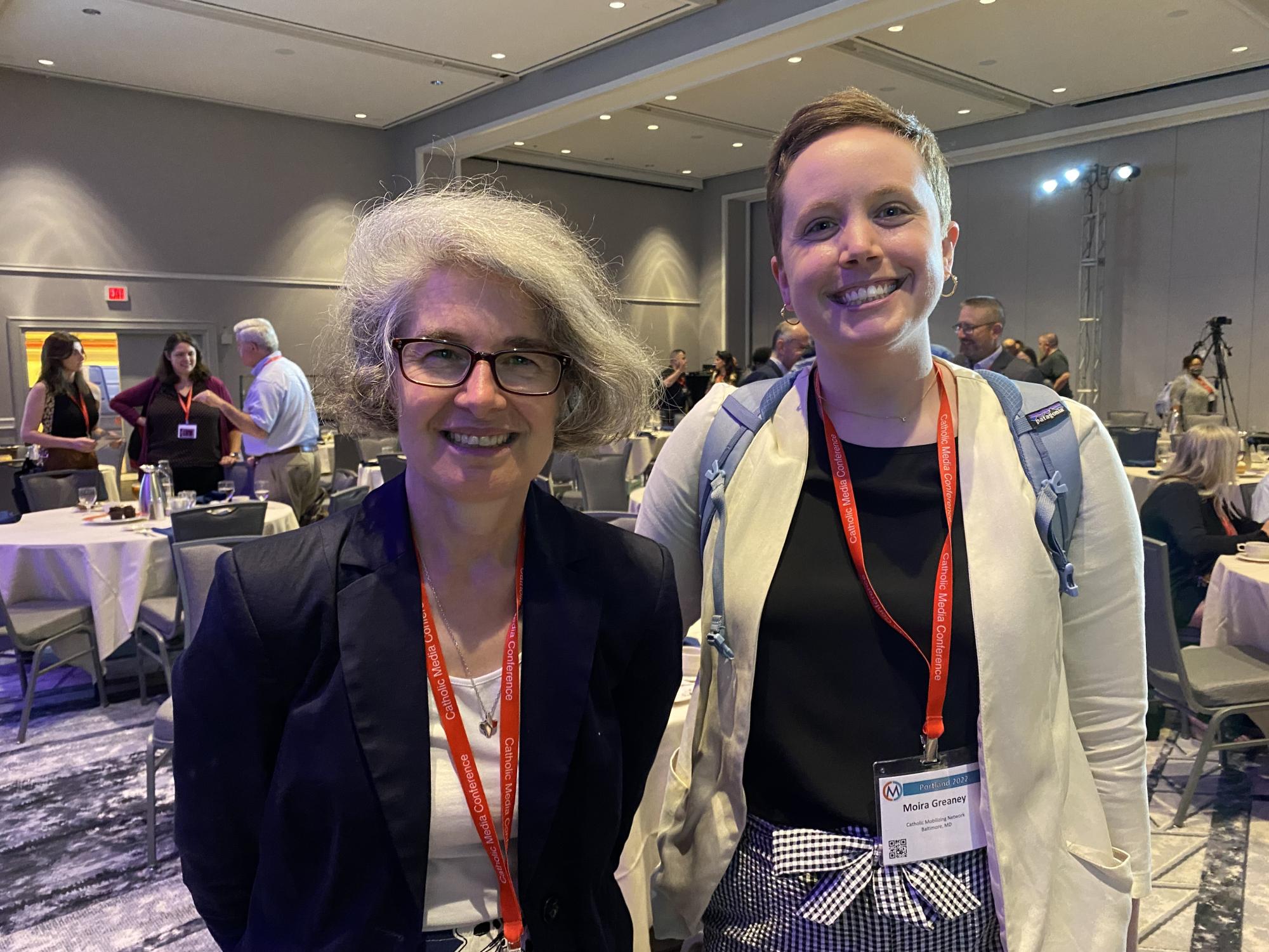 CMN Communications Associate Moira Greaney poses alongside Sr. Nathalie Becquart, XMCJ, undersecretary of the General Secretaria