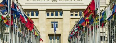 United Nations building with flag lining the walkway.