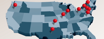 Map of the U.S. with pins marking CMN travels