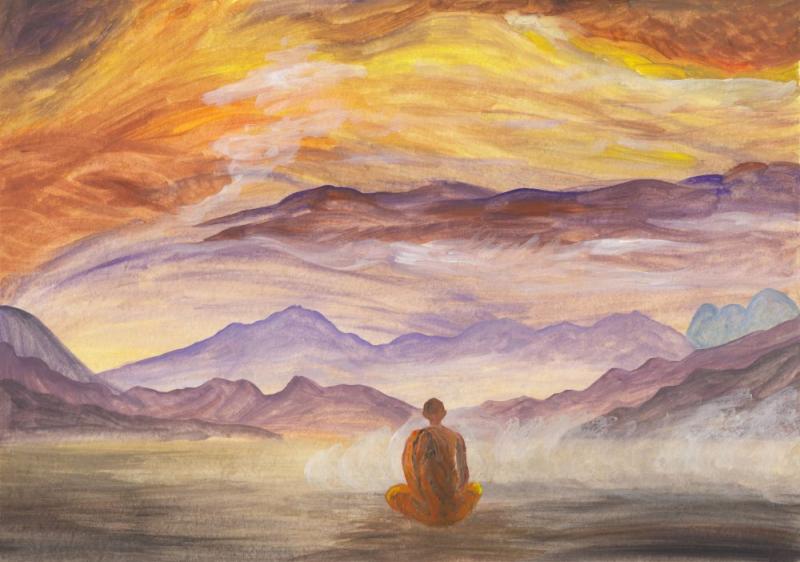 painting shows an vague shape of a person in the foreground looking out over a colorful mountains in the background