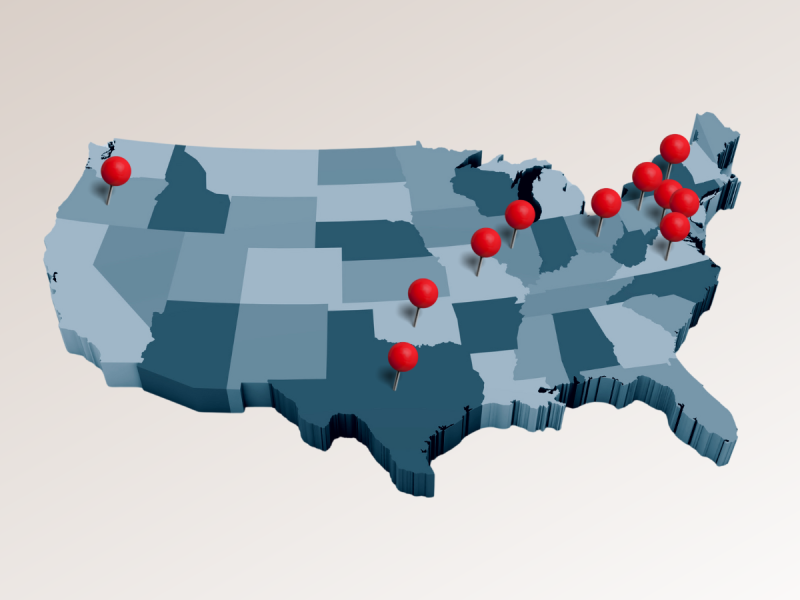 Map of the U.S. with pins marking CMN travels