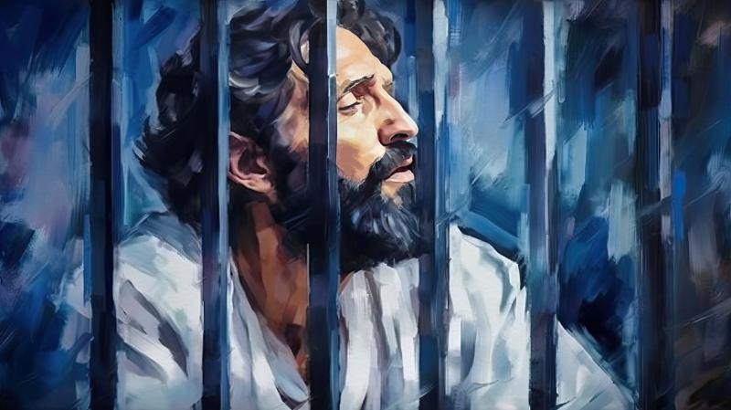 artistic drawing of a man praying behind prison bars