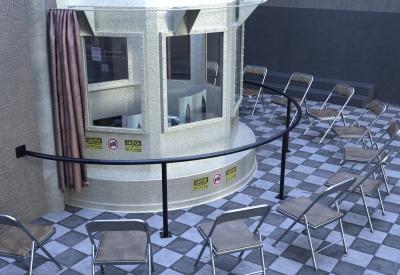 Prison execution chamber with chairs around viewing glass