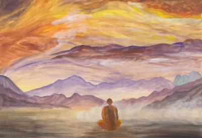 painting shows an vague shape of a person in the foreground looking out over a colorful mountains in the background