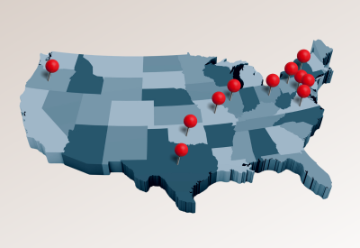 Map of the U.S. with pins marking CMN travels