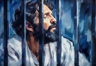 artistic drawing of a man praying behind prison bars