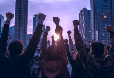 people with hands raised in advocacy